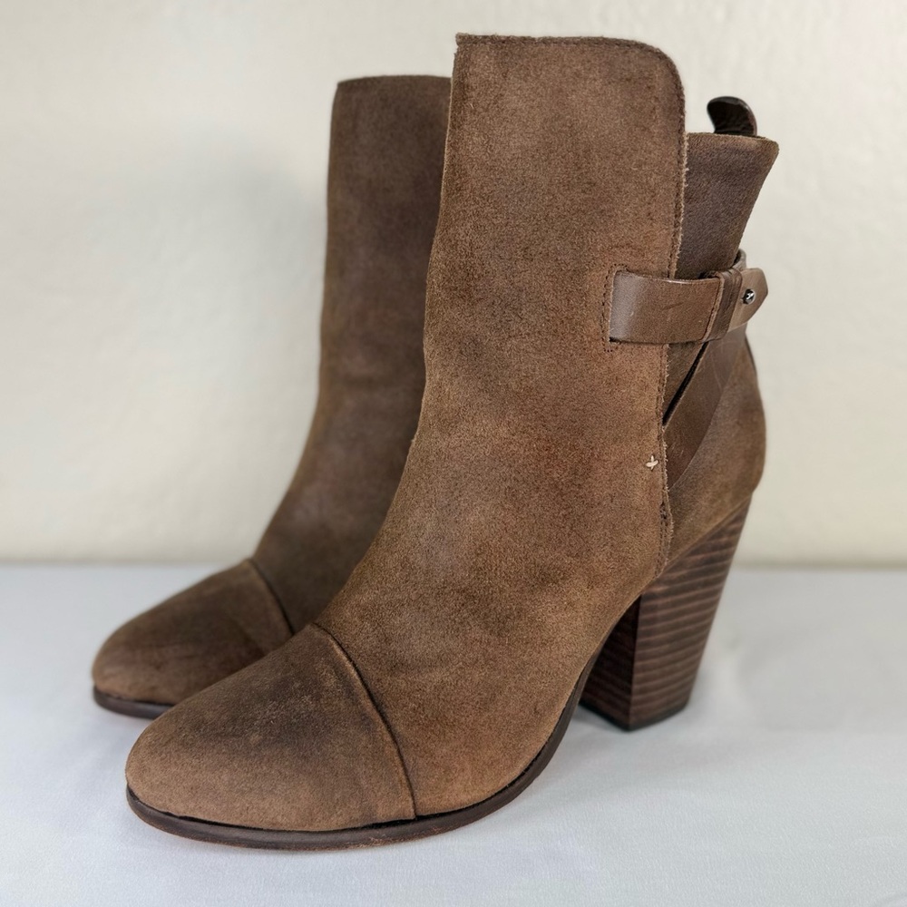 Rag & Bone Kinsey Buckle Brown Stacked Ankle Distressed Heeled Boots Booties 41